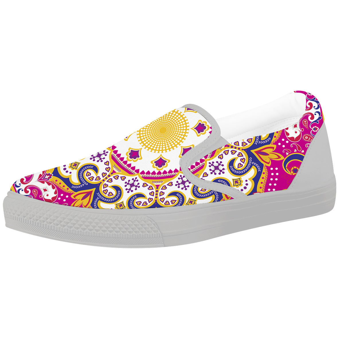 Pink Paisley And Mandala Print White Slip On Shoes-grizzshop