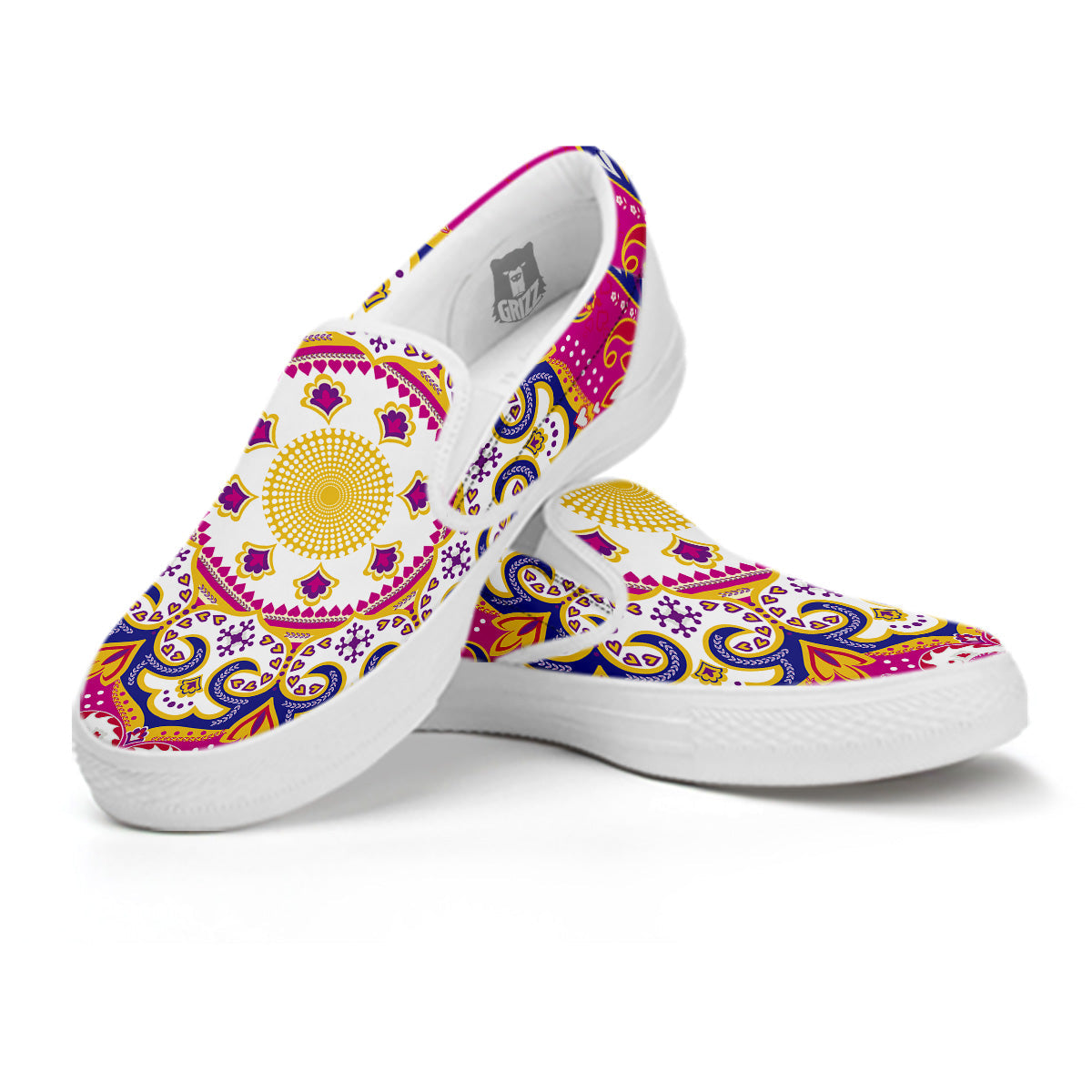 Pink Paisley And Mandala Print White Slip On Shoes-grizzshop
