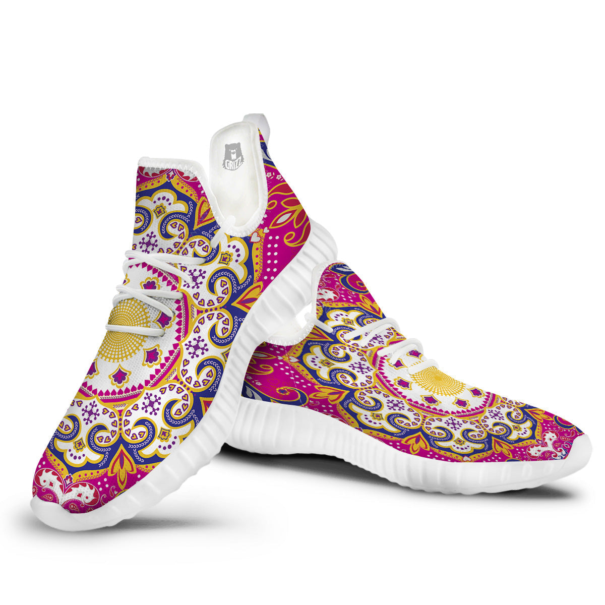 Pink Paisley And Mandala Print White Walking Shoes-grizzshop
