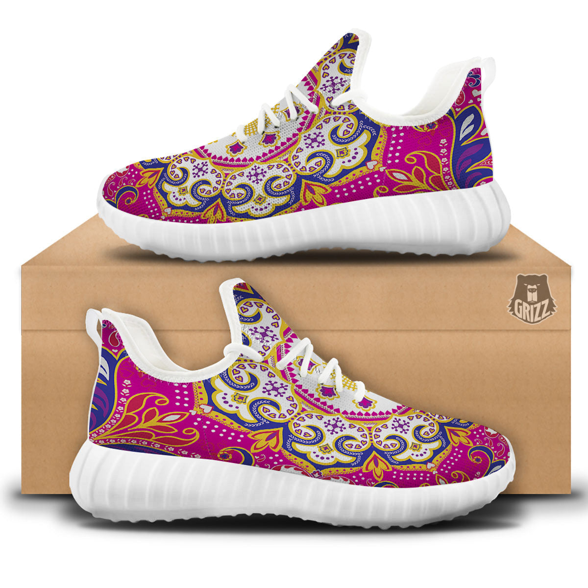 Pink Paisley And Mandala Print White Walking Shoes-grizzshop