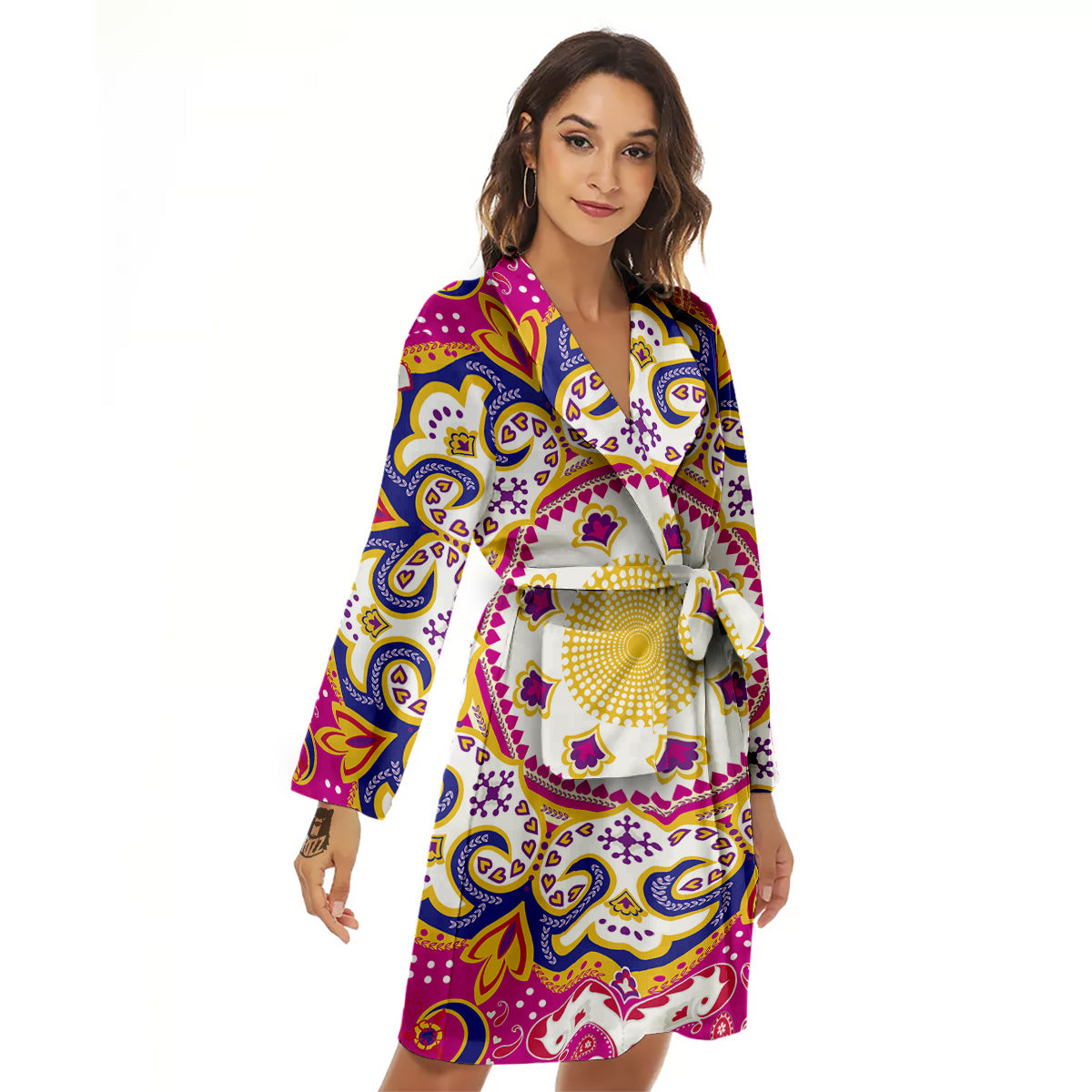 Pink Paisley And Mandala Print Women's Robe-grizzshop