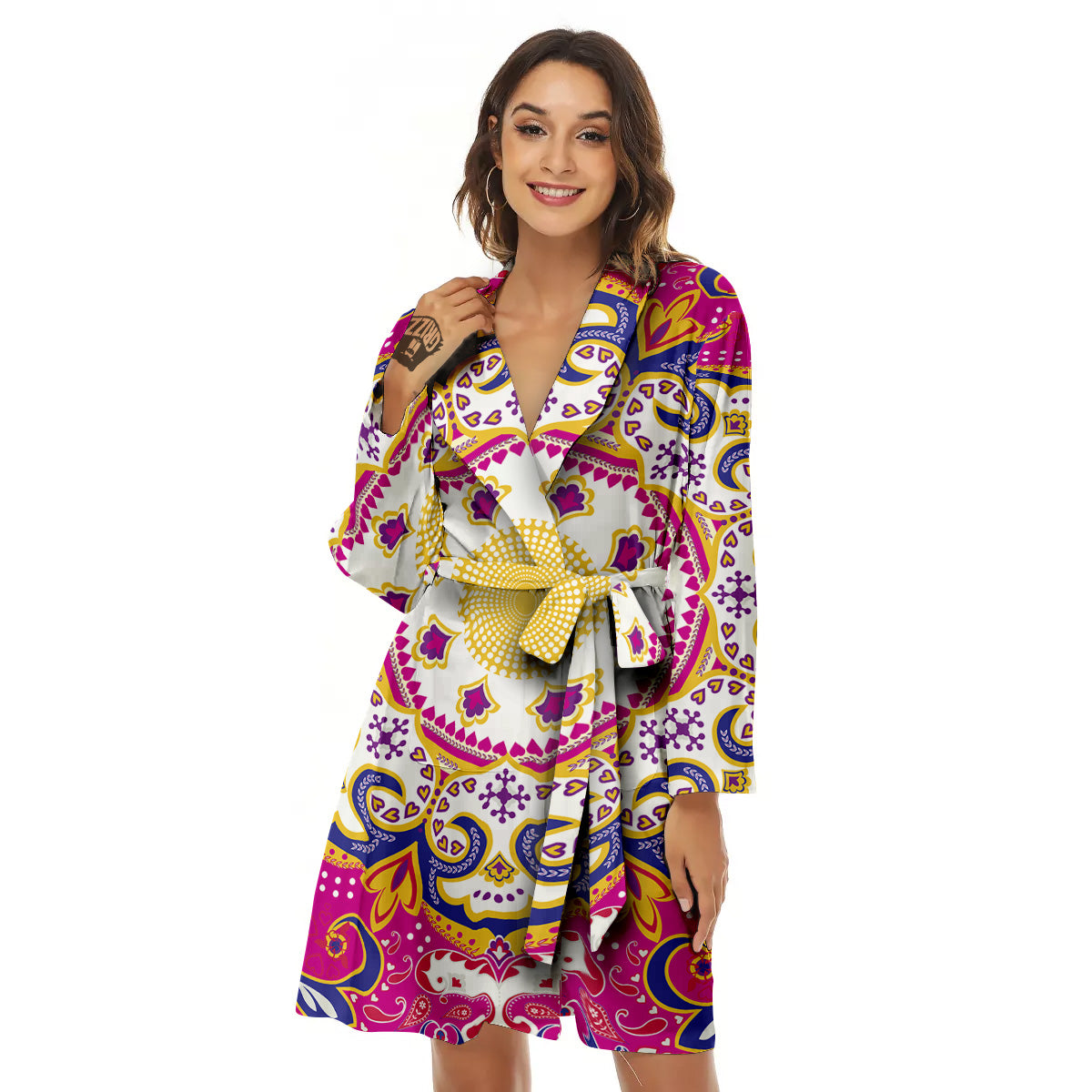 Pink Paisley And Mandala Print Women's Robe-grizzshop