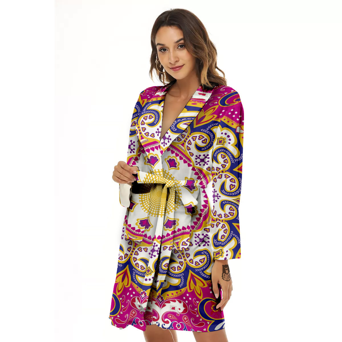 Pink Paisley And Mandala Print Women's Robe-grizzshop