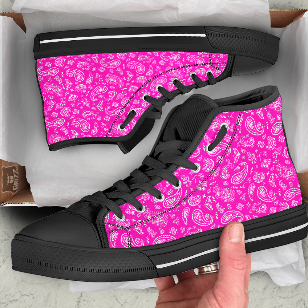 Pink Paisley Bandana Print Black High Top Shoes-grizzshop