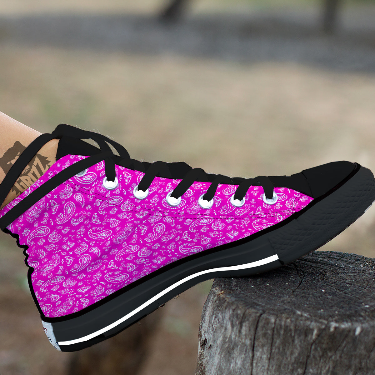 Pink Paisley Bandana Print Black High Top Shoes-grizzshop