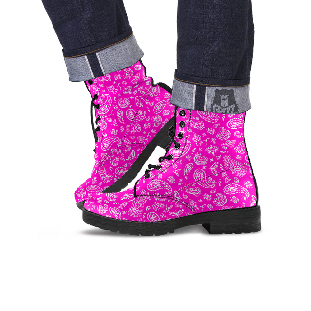 Pink Paisley Bandana Print Leather Boots-grizzshop