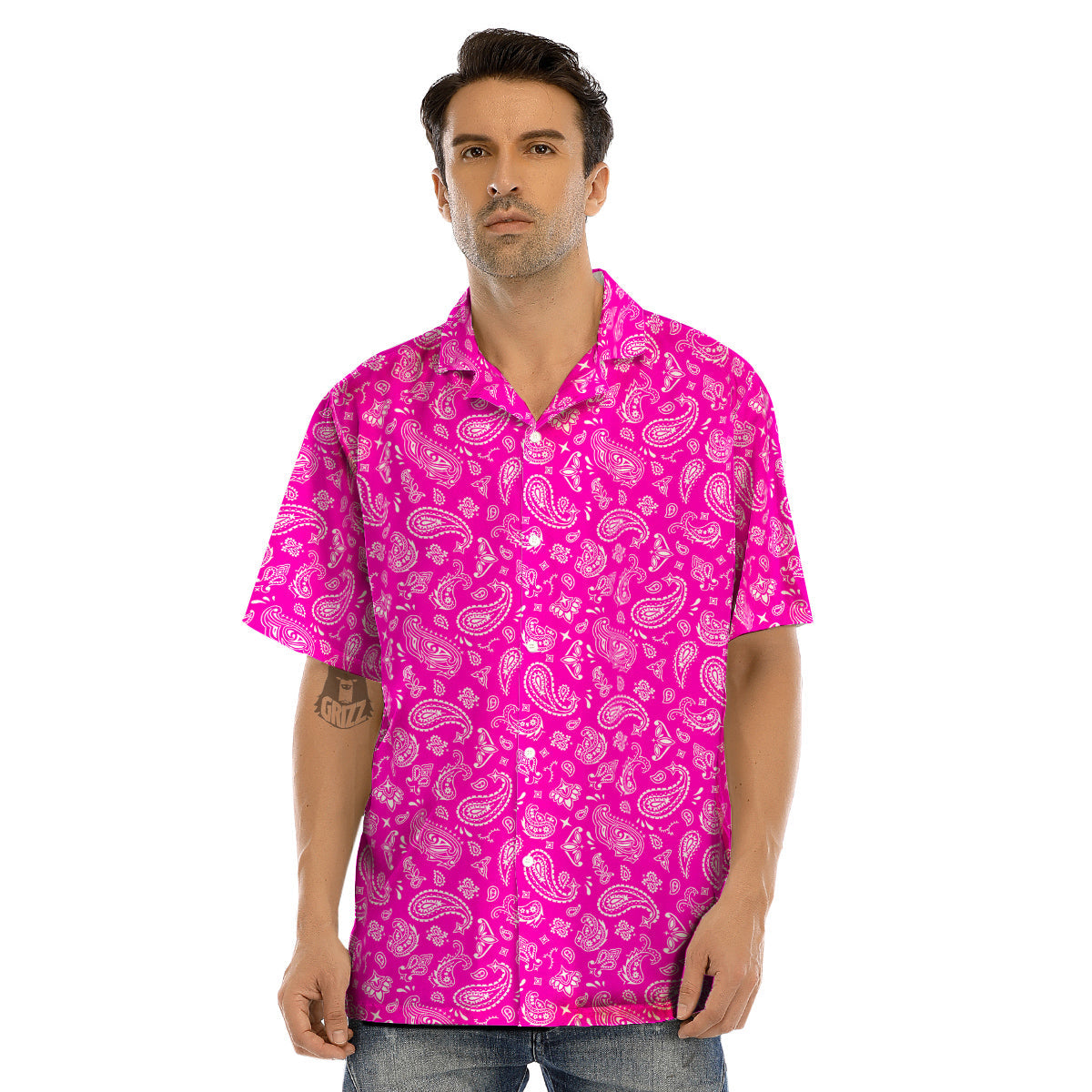 Pink Paisley Bandana Print Men’s Hawaiian Shirt-grizzshop