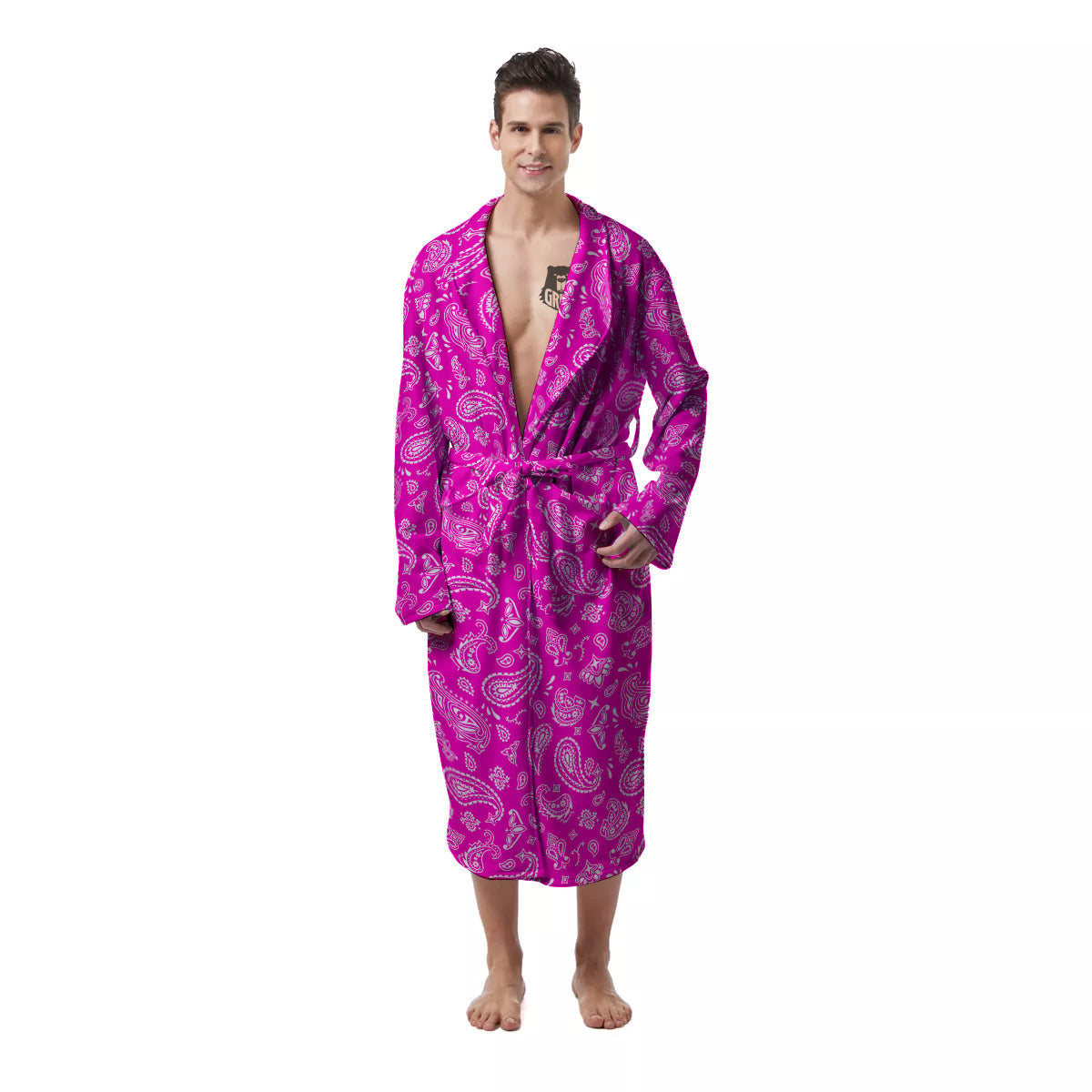 Pink Paisley Bandana Print Men's Robe-grizzshop