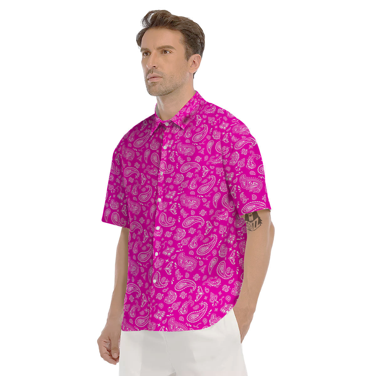 Pink Paisley Bandana Print Men's Short Sleeve Shirts-grizzshop