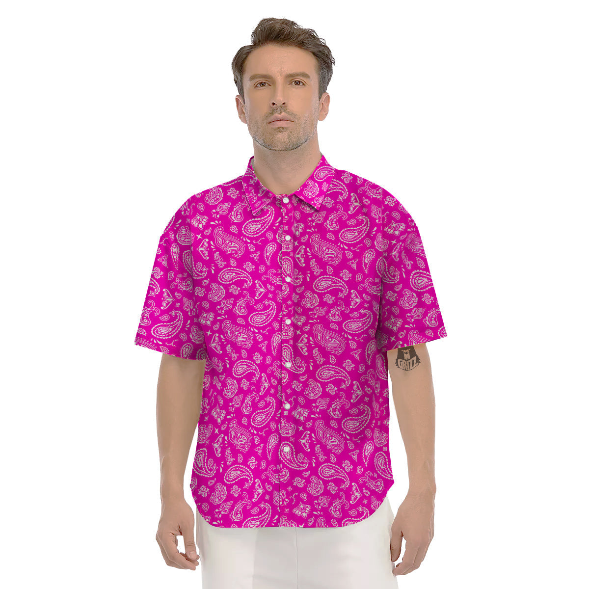 Pink Paisley Bandana Print Men's Short Sleeve Shirts-grizzshop