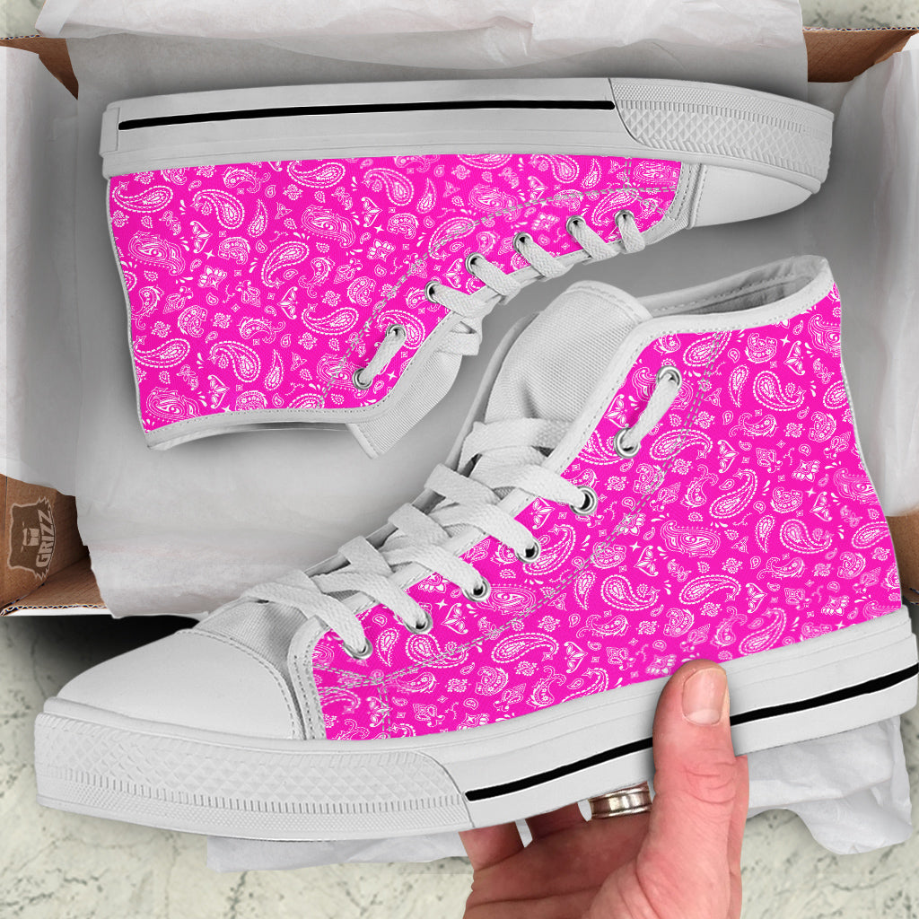 Pink Paisley Bandana Print White High Top Shoes-grizzshop