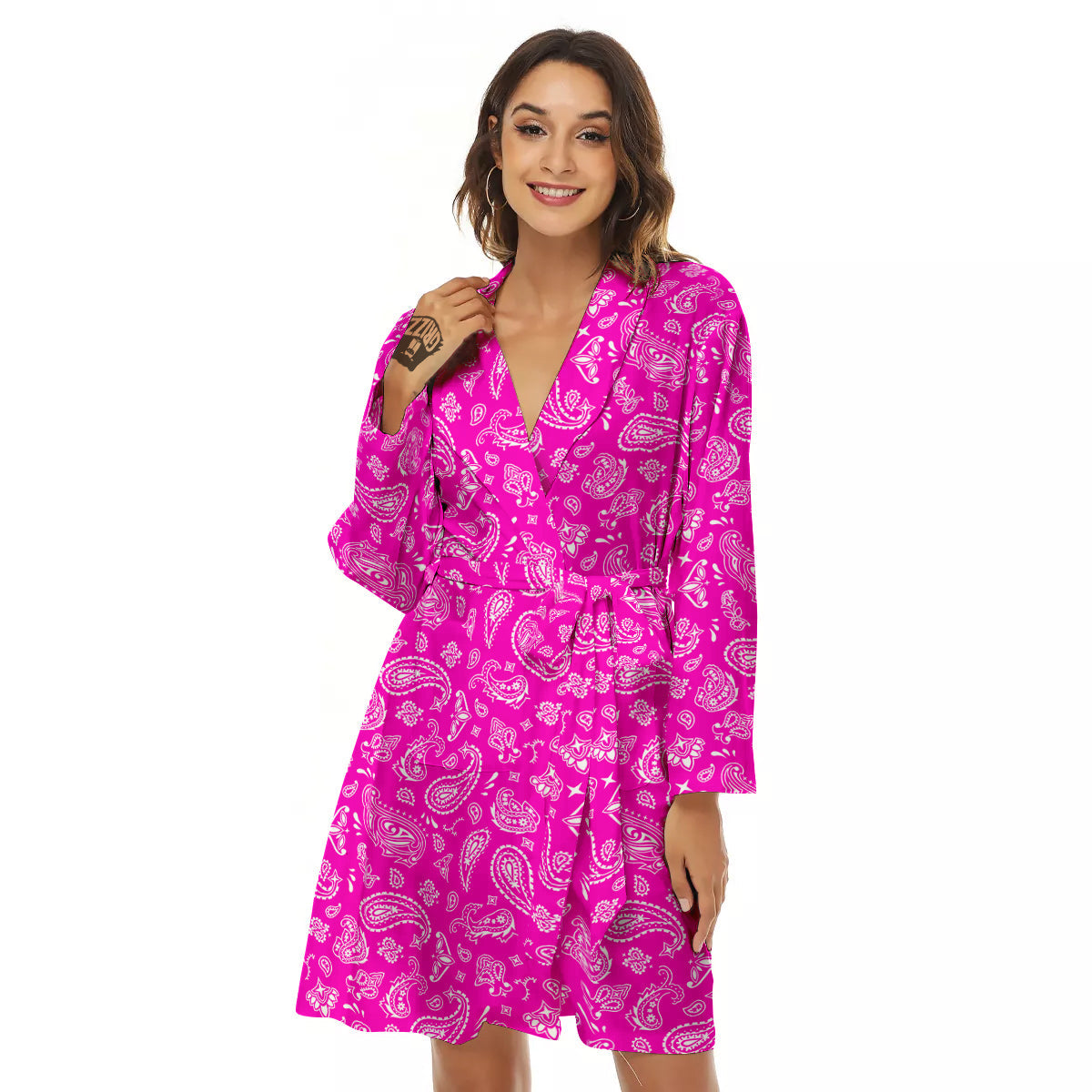 Pink Paisley Bandana Print Women's Robe-grizzshop