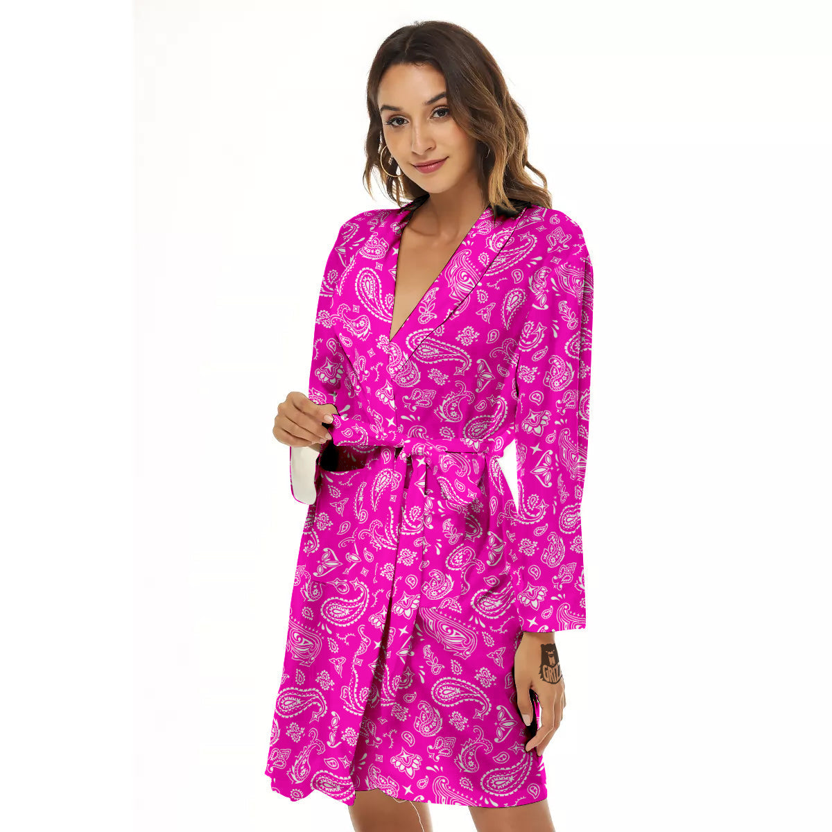 Pink Paisley Bandana Print Women's Robe-grizzshop