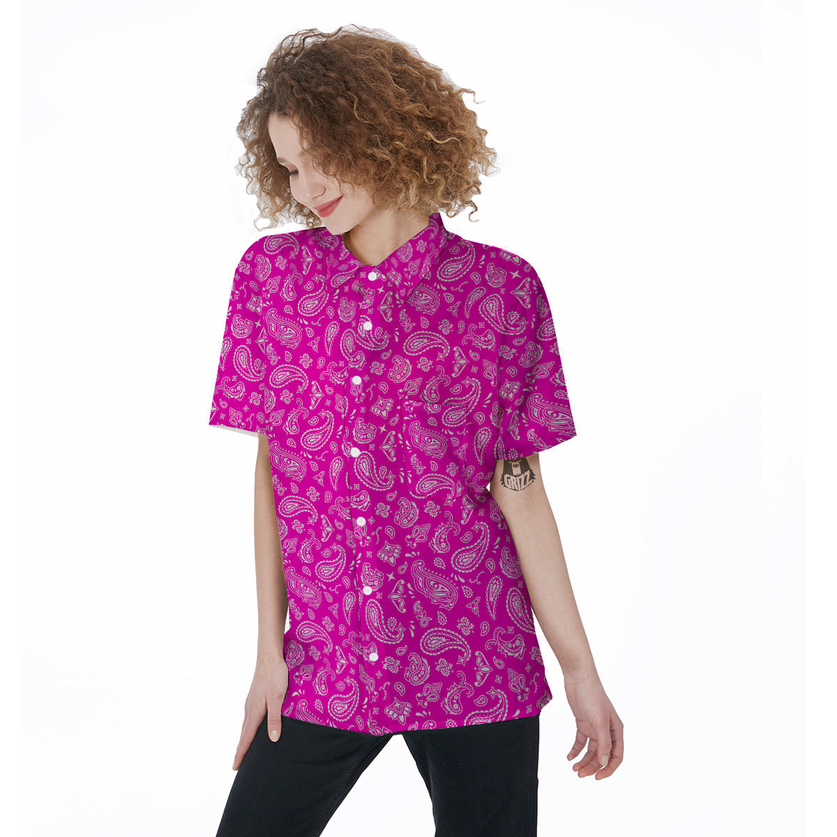 Pink Paisley Bandana Print Women's Short Sleeve Shirts-grizzshop