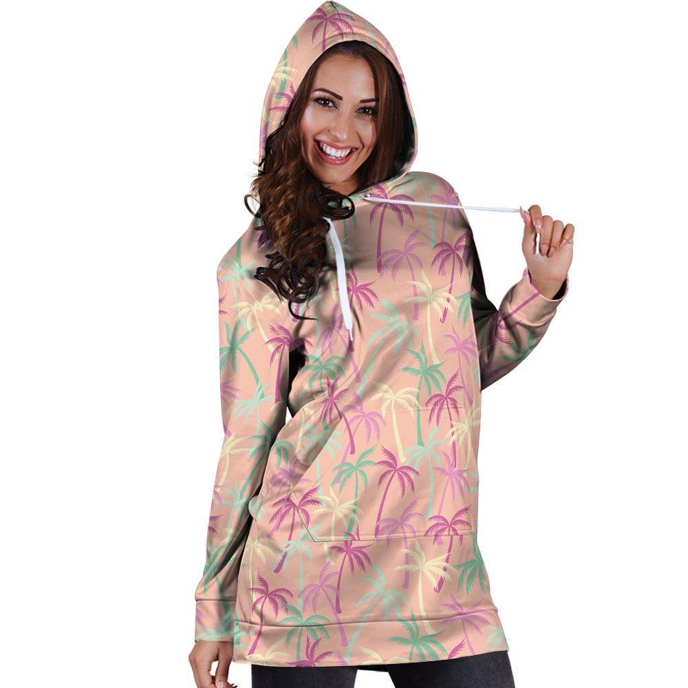 Pink Palm Tree Hawaiian Print Hoodie Dress-grizzshop