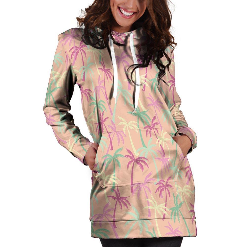 Pink Palm Tree Hawaiian Print Hoodie Dress-grizzshop