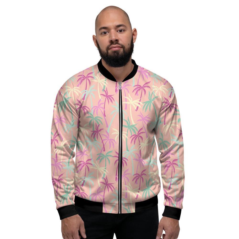 Pink Palm Tree Hawaiian Print Men's Bomber Jacket-grizzshop