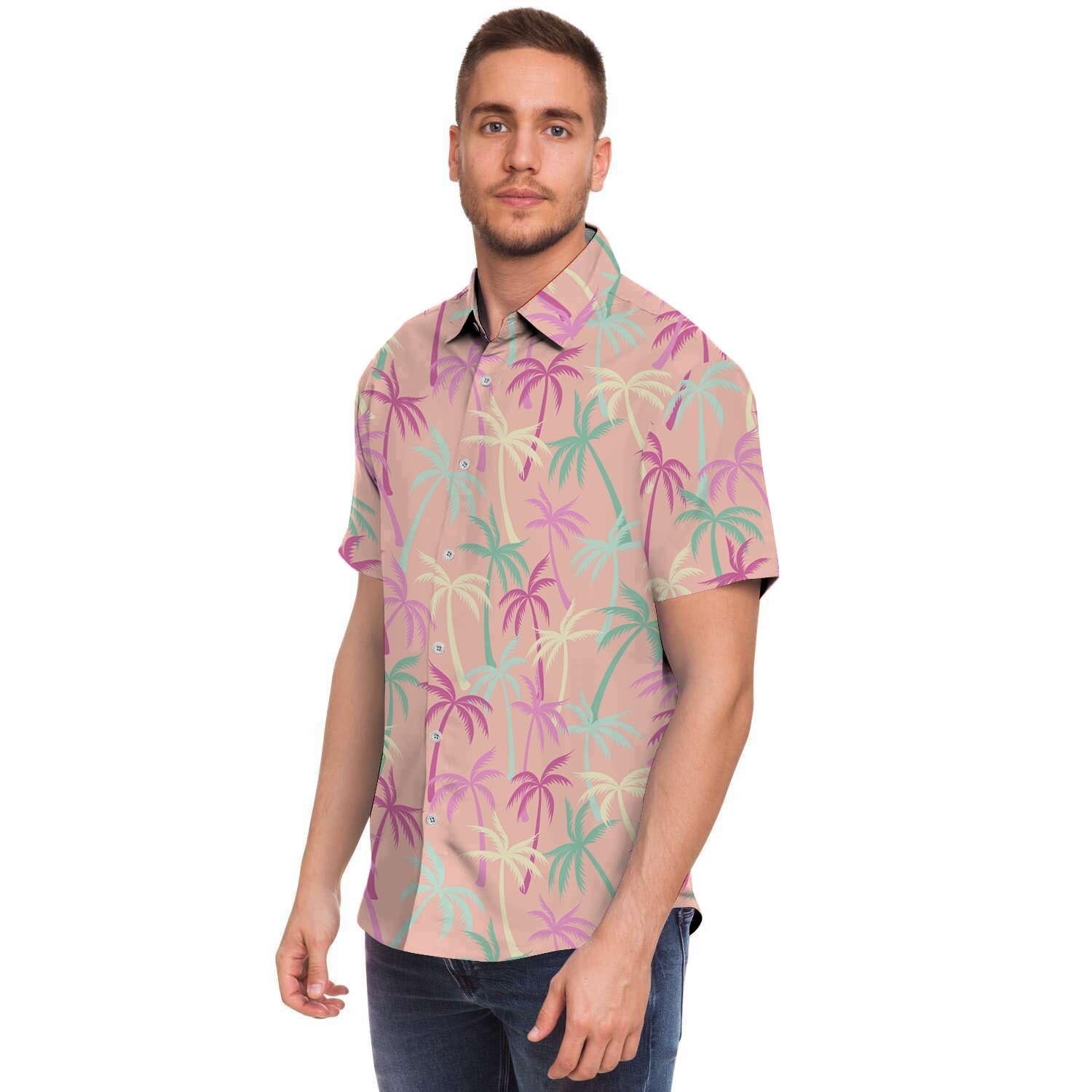Pink Palm Tree Hawaiian Print Men's Short Sleeve Shirt-grizzshop