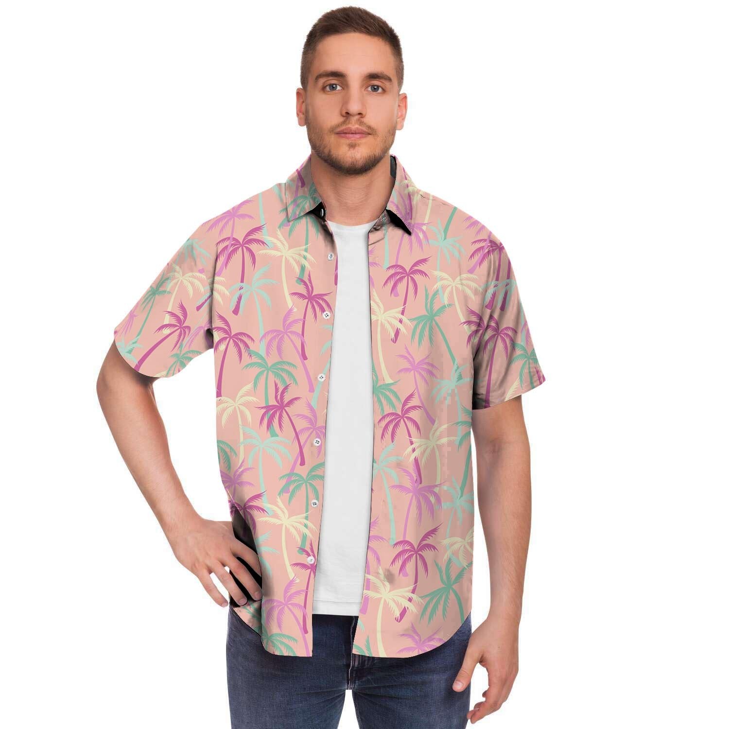 Pink Palm Tree Hawaiian Print Men's Short Sleeve Shirt-grizzshop