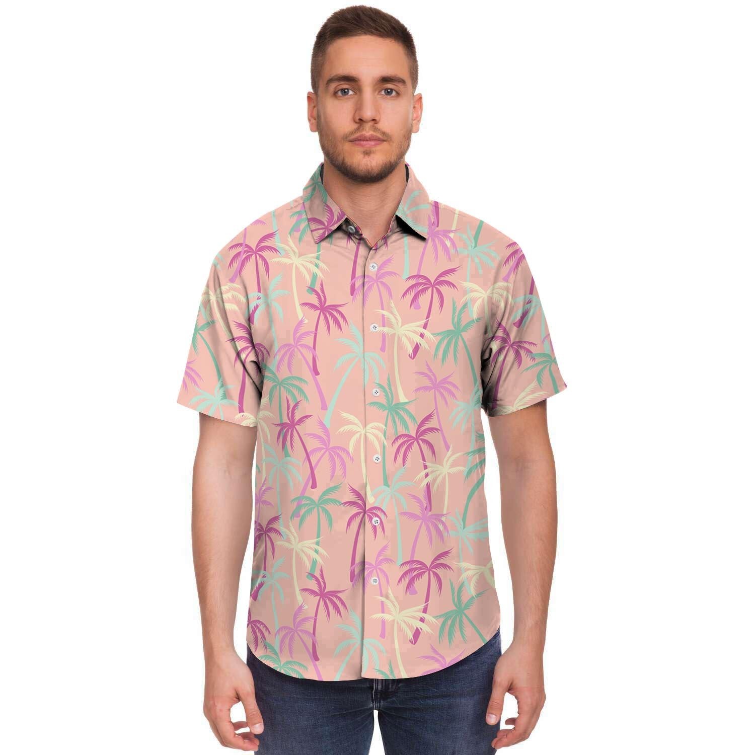 Pink Palm Tree Hawaiian Print Men's Short Sleeve Shirt-grizzshop