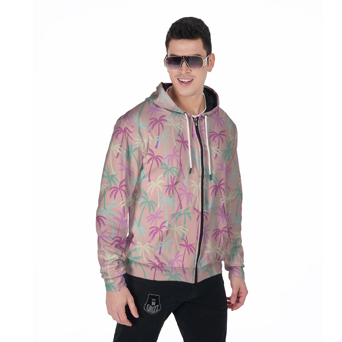 Pink Palm Tree Hawaiian Print Men's Zip Up Hoodie-grizzshop
