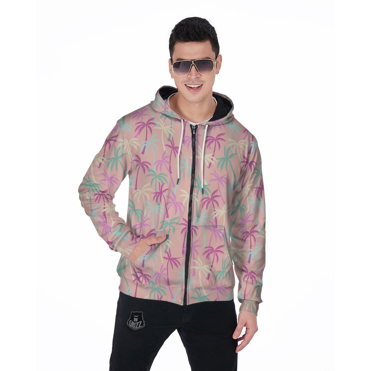 Pink Palm Tree Hawaiian Print Men's Zip Up Hoodie-grizzshop
