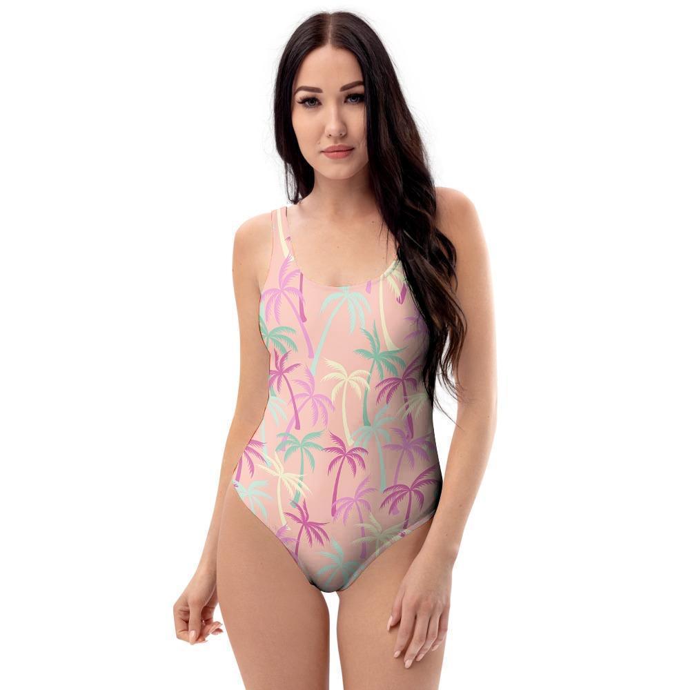 Pink Palm Tree Hawaiian Print One Piece Swimsuite-grizzshop