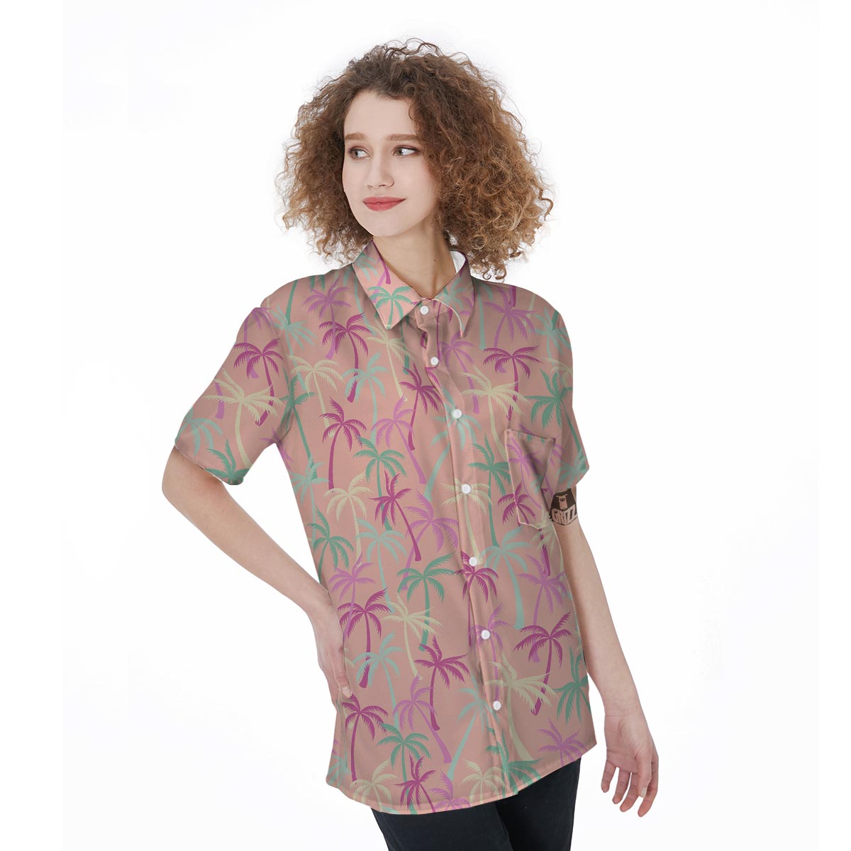 Pink Palm Tree Hawaiian Print Women's Short Sleeve Shirts-grizzshop