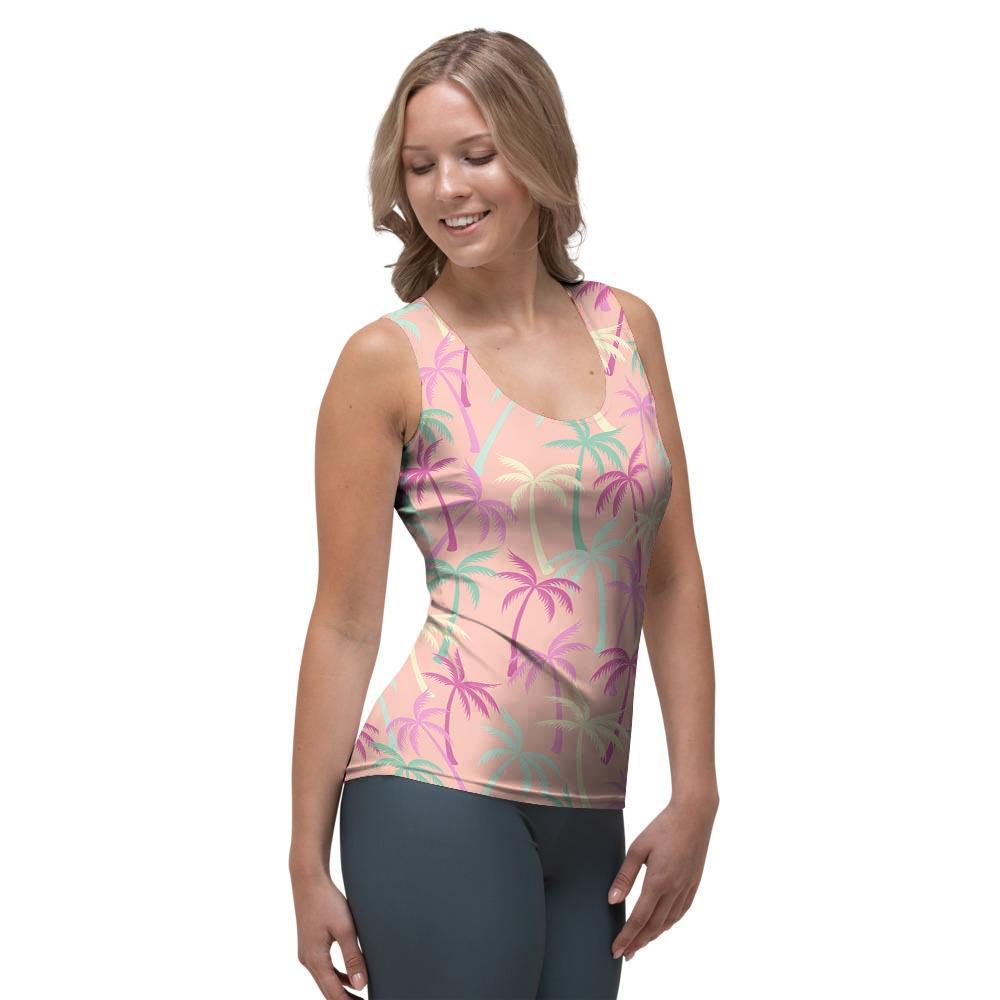 Pink Palm Tree Hawaiian Print Women's Tank Top-grizzshop