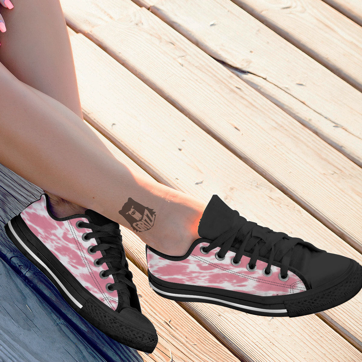 Pink Pastel And White Cow Print Black Low Top Shoes-grizzshop