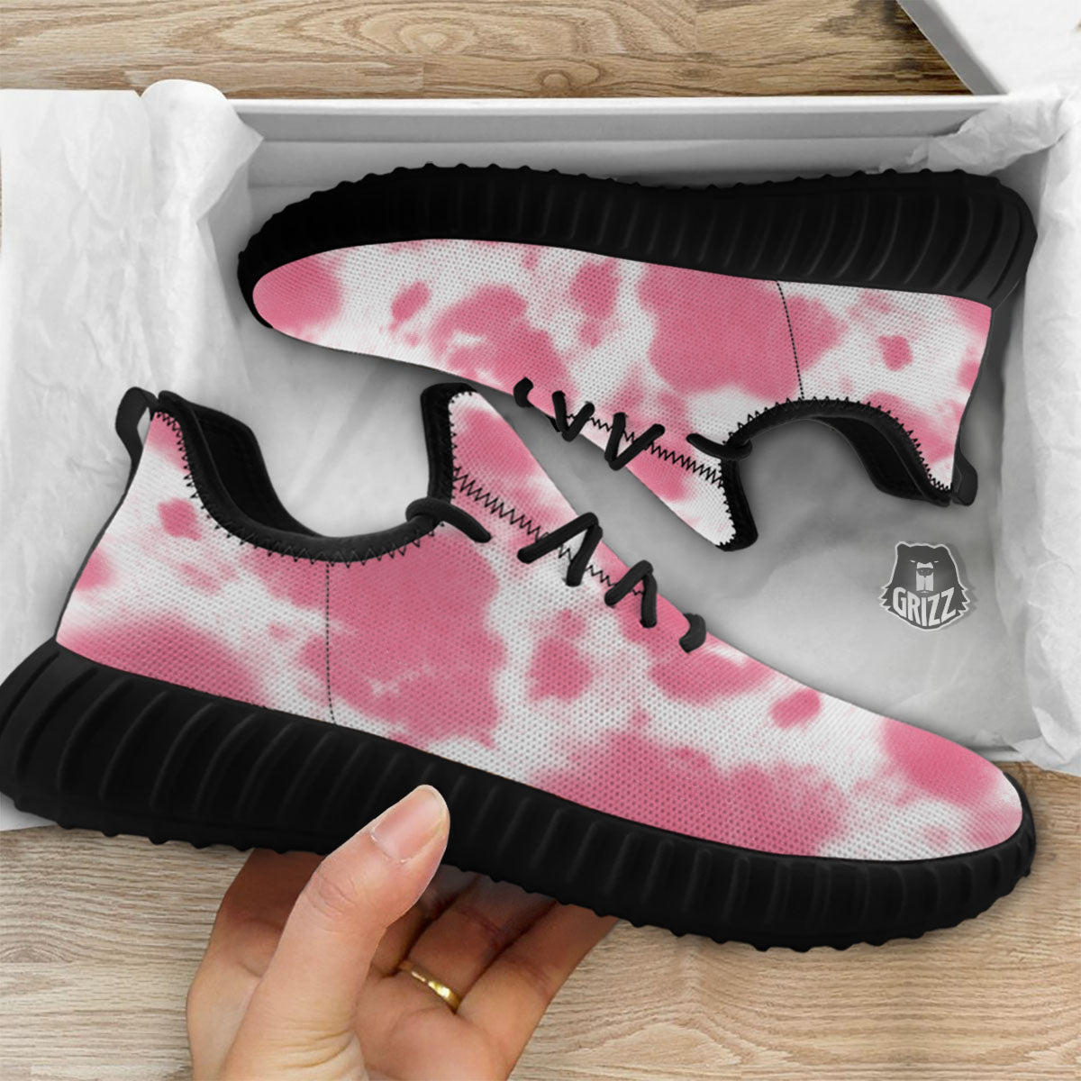 Pink Pastel And White Cow Print Black Walking Shoes-grizzshop