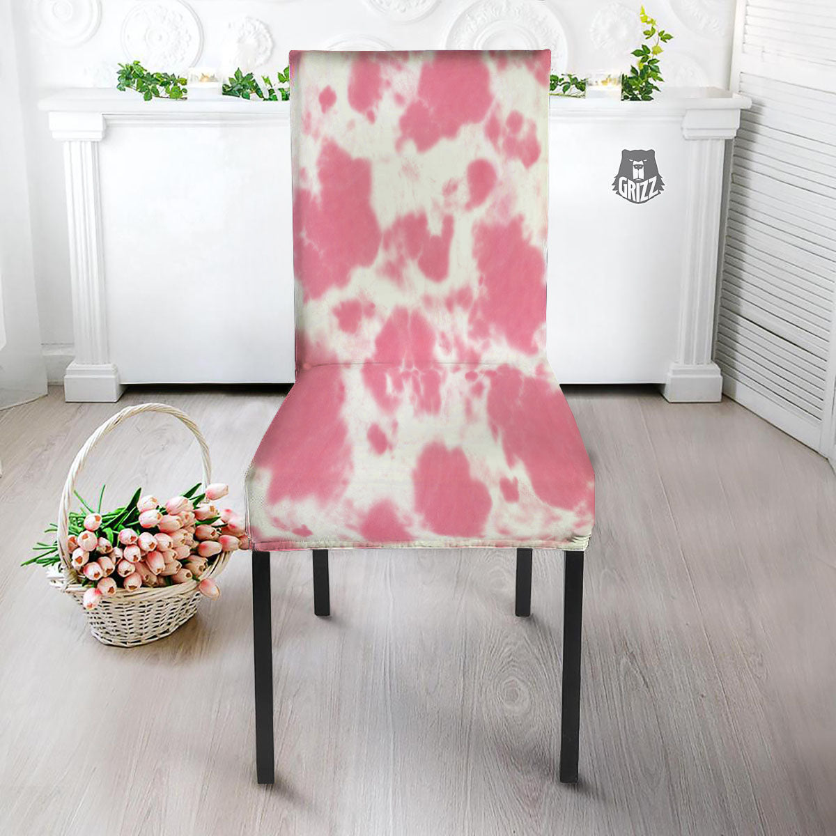 Pink Pastel And White Cow Print Dining Chair Slipcover-grizzshop
