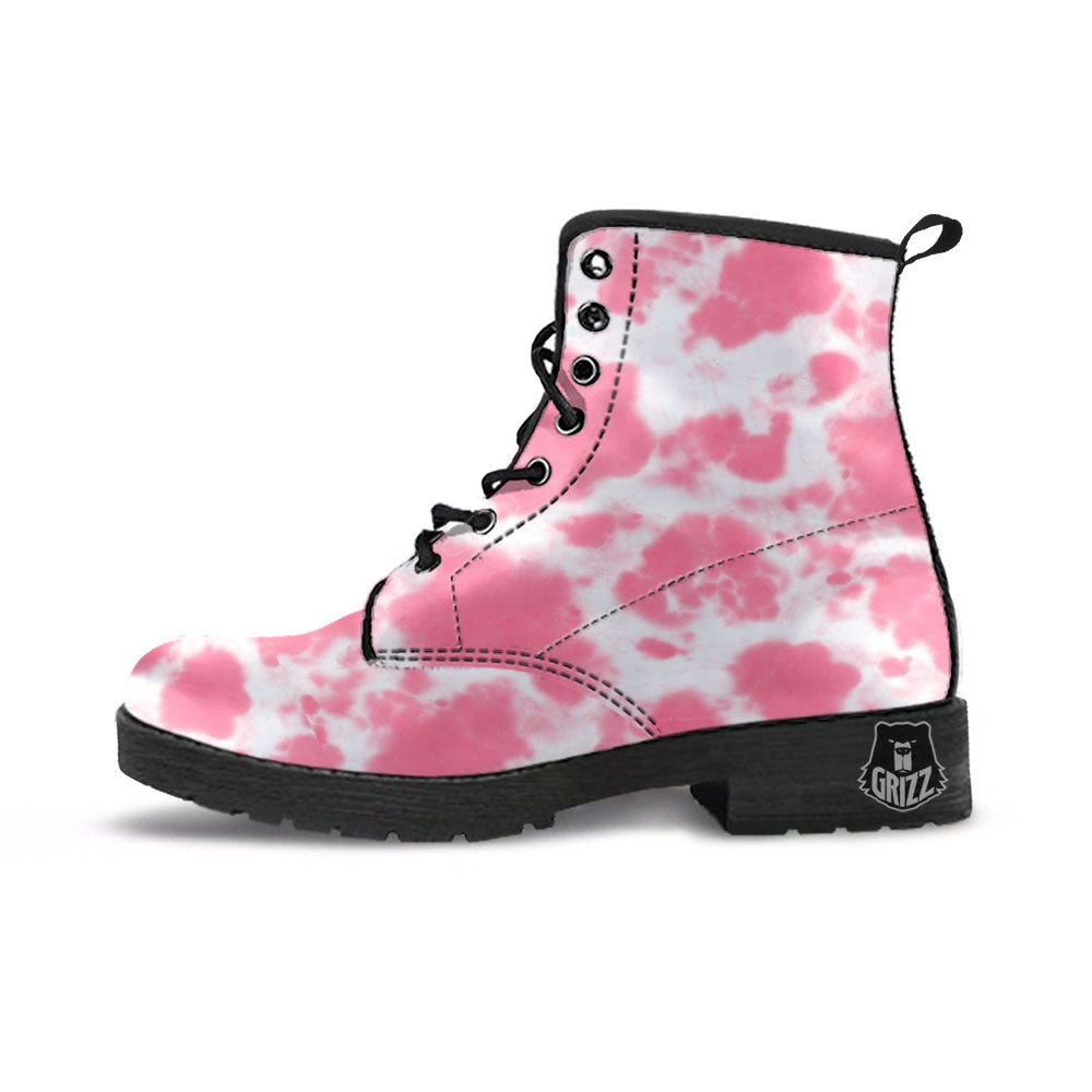 Pink Pastel And White Cow Print Leather Boots-grizzshop