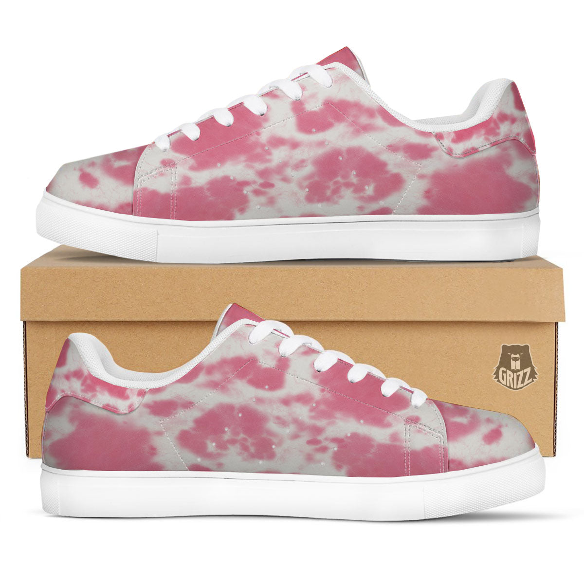 Pink Pastel And White Cow Print White Low Top Sneakers-grizzshop