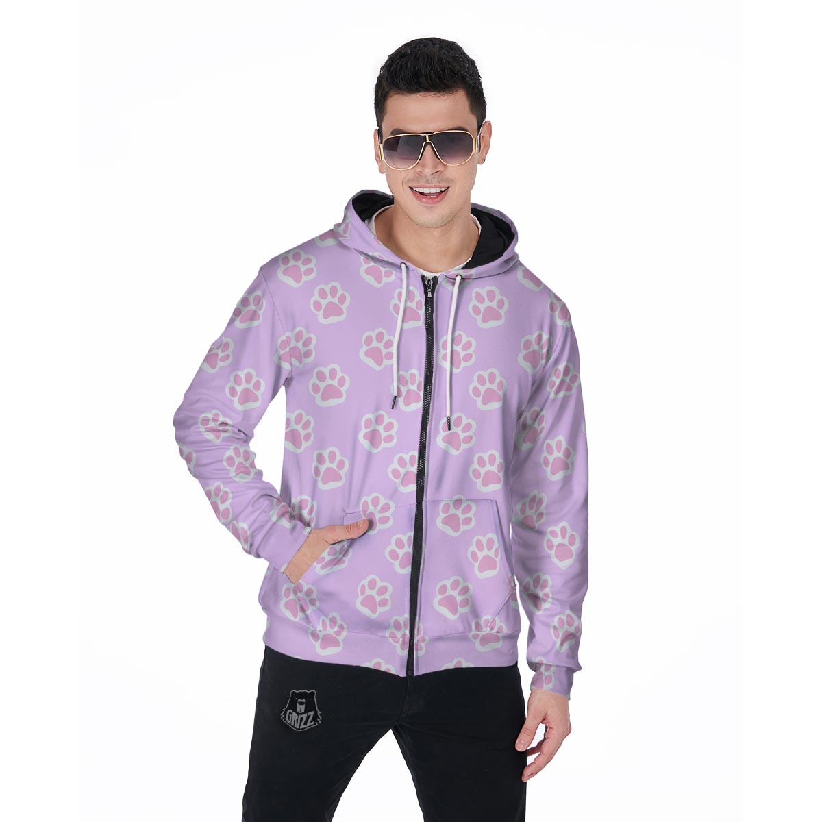 Pink Pastel Paw Men's Zip Up Hoodie-grizzshop
