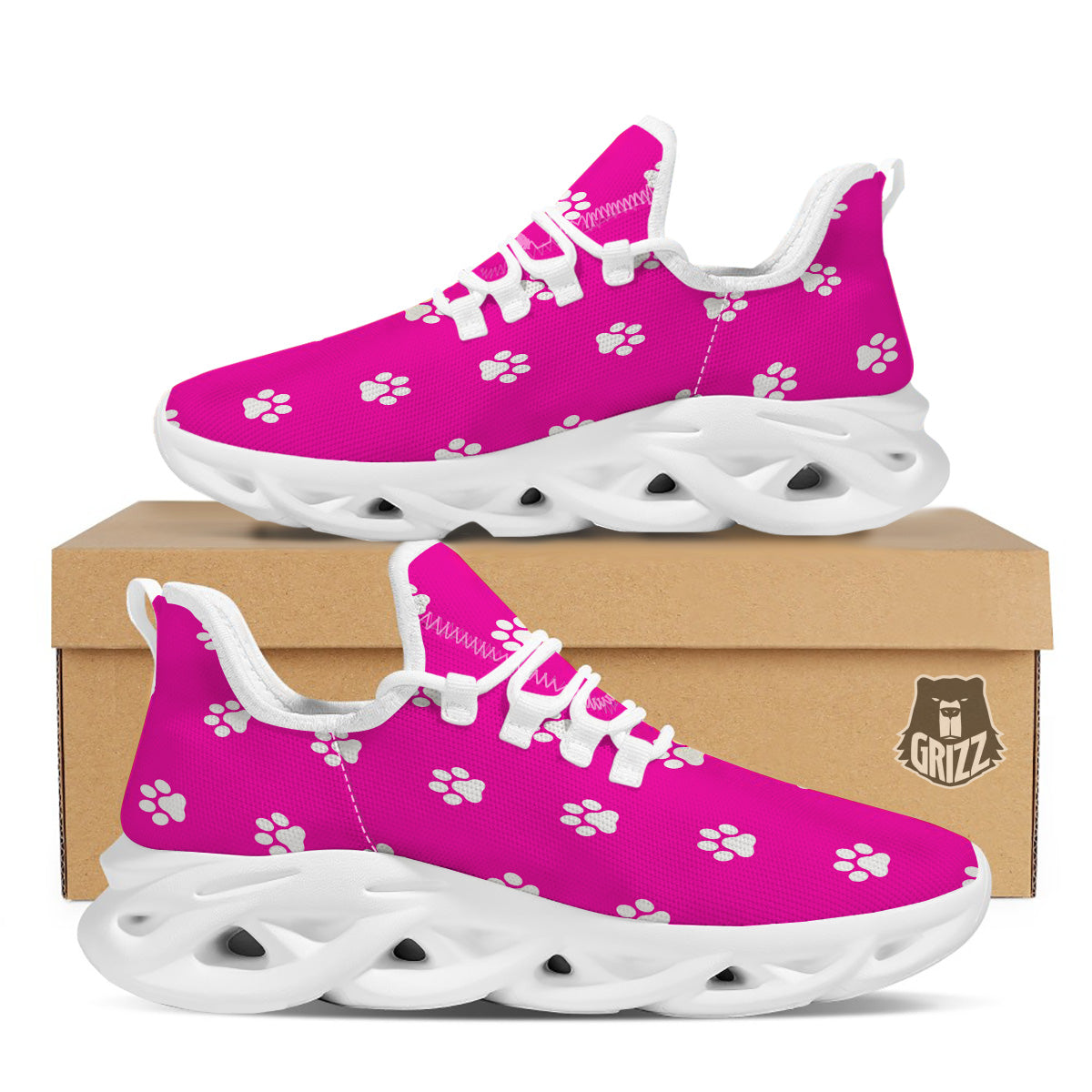 Pink Paw Print White Running Shoes-grizzshop