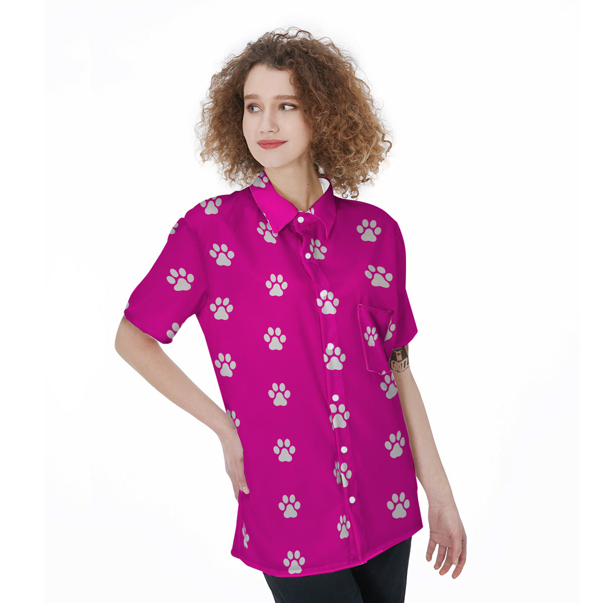 Pink Paw Print Women's Short Sleeve Shirts-grizzshop
