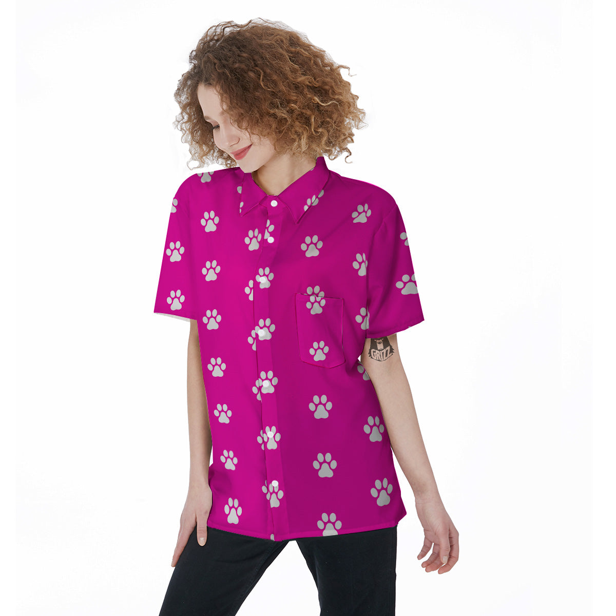 Pink Paw Print Women's Short Sleeve Shirts-grizzshop