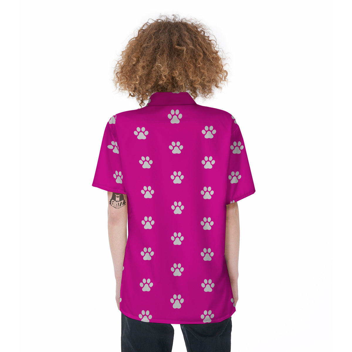 Pink Paw Print Women's Short Sleeve Shirts-grizzshop