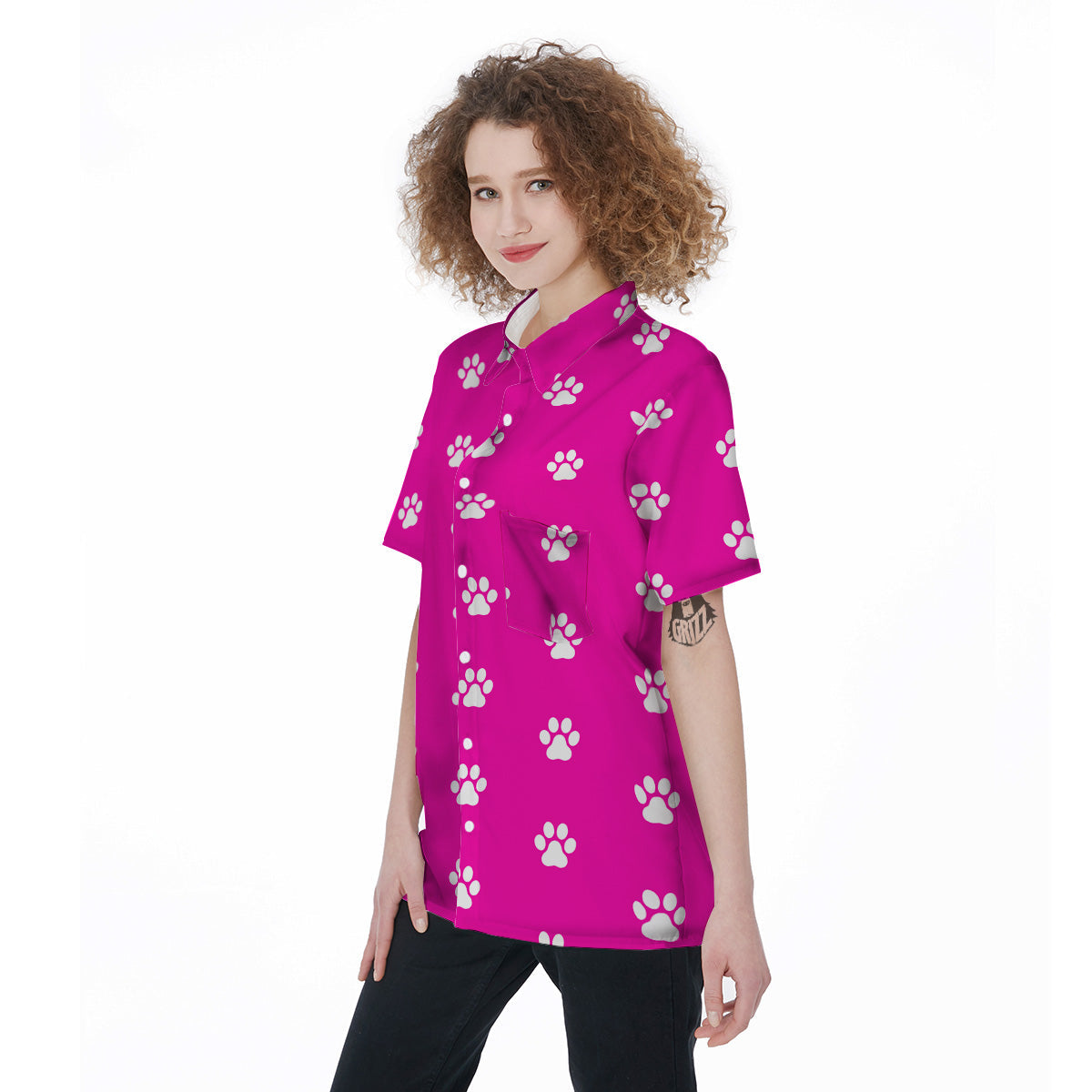 Pink Paw Print Women's Short Sleeve Shirts-grizzshop