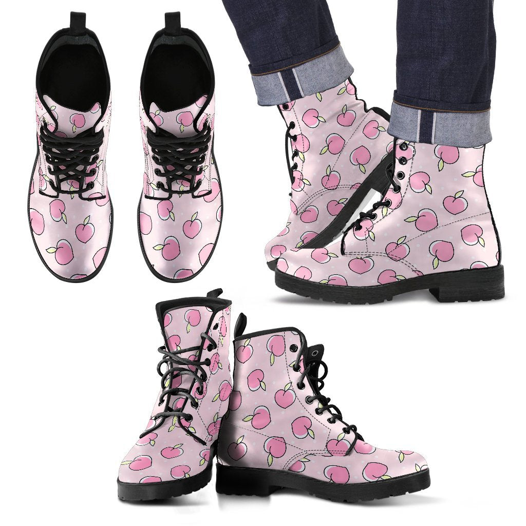 Pink Peach Pattern Print Men Women Leather Boots-grizzshop