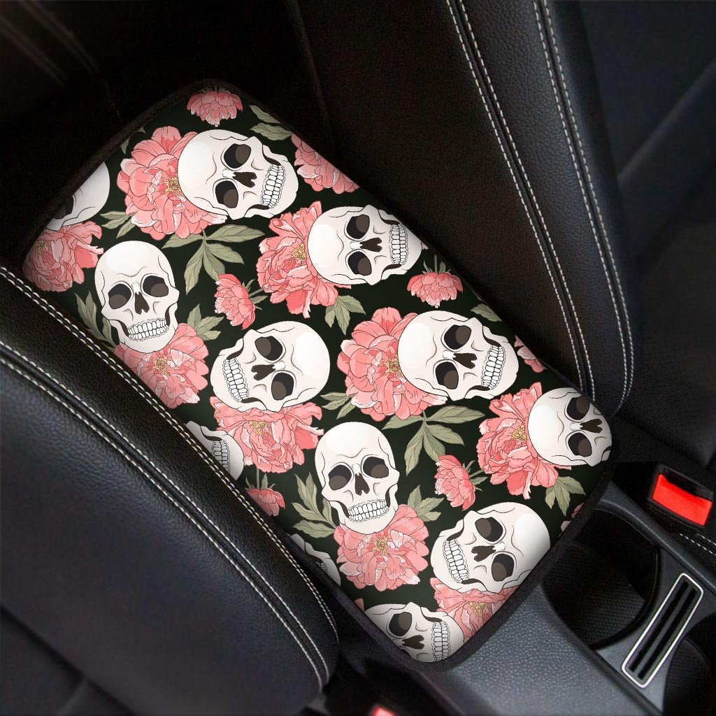 Pink Peony Skull Car Console Cover-grizzshop