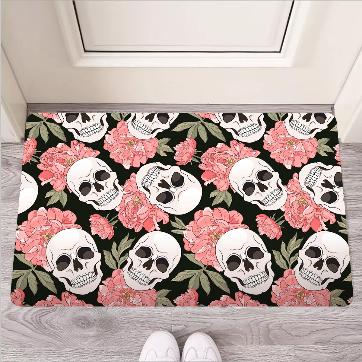 Pink Peony Skull Door Mat-grizzshop