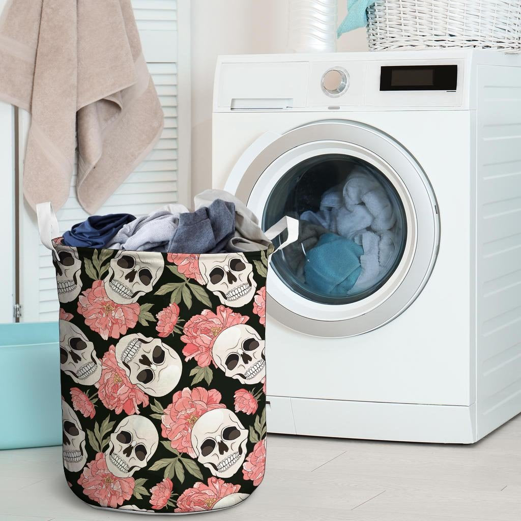 Pink Peony Skull Laundry Basket-grizzshop