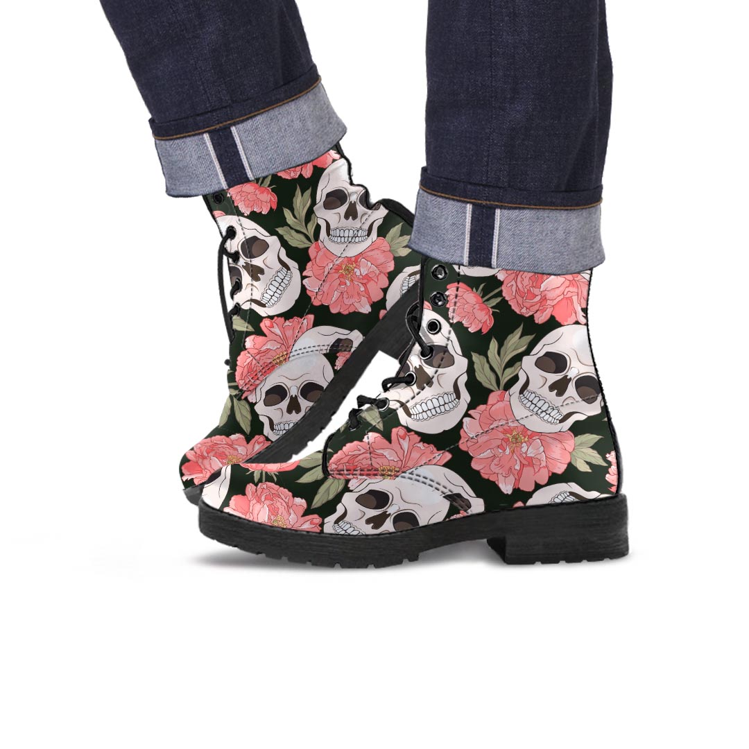 Pink Peony Skull Men's Boots-grizzshop