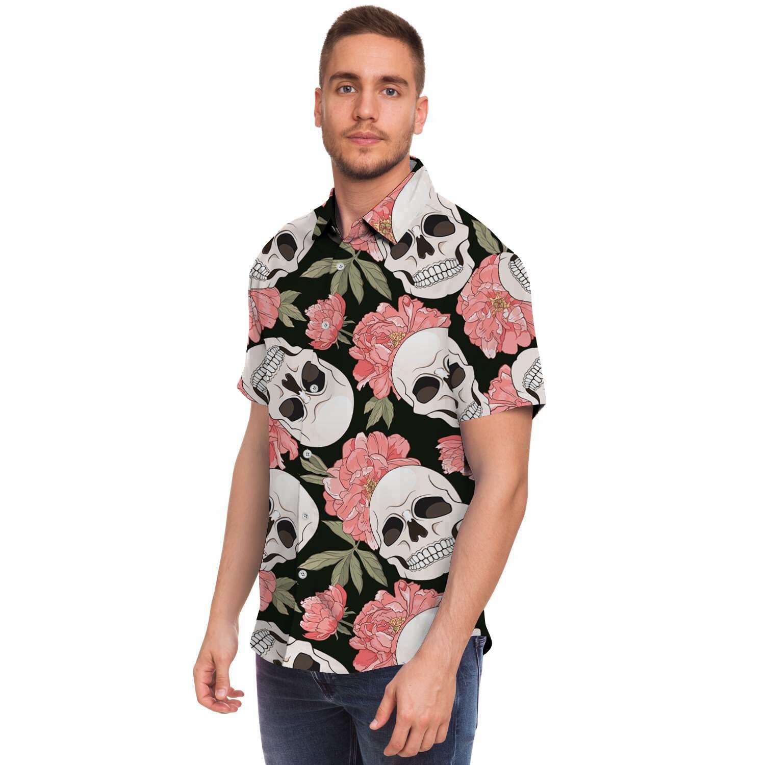 Pink Peony Skull Men's Short Sleeve Shirt-grizzshop