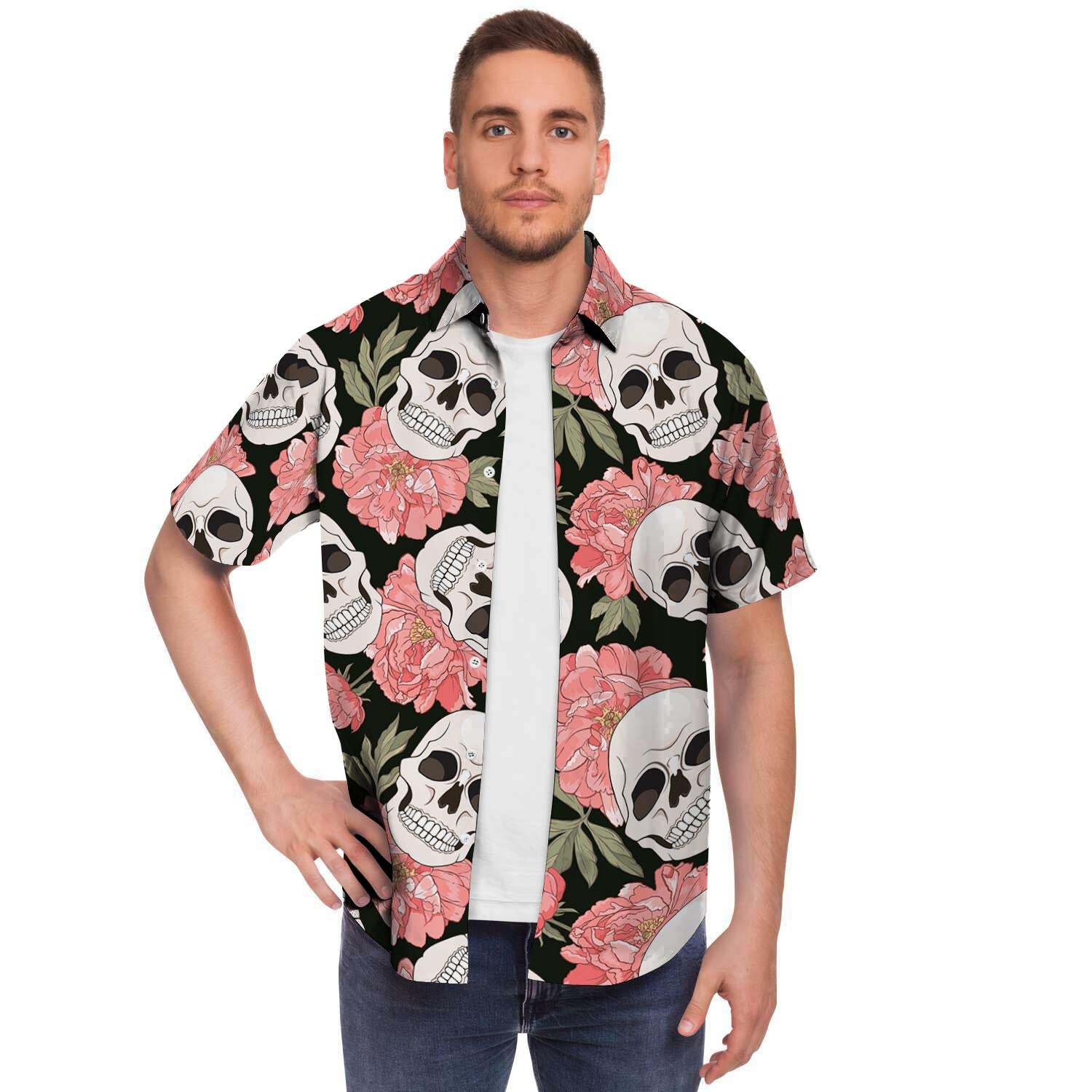 Pink Peony Skull Men's Short Sleeve Shirt-grizzshop