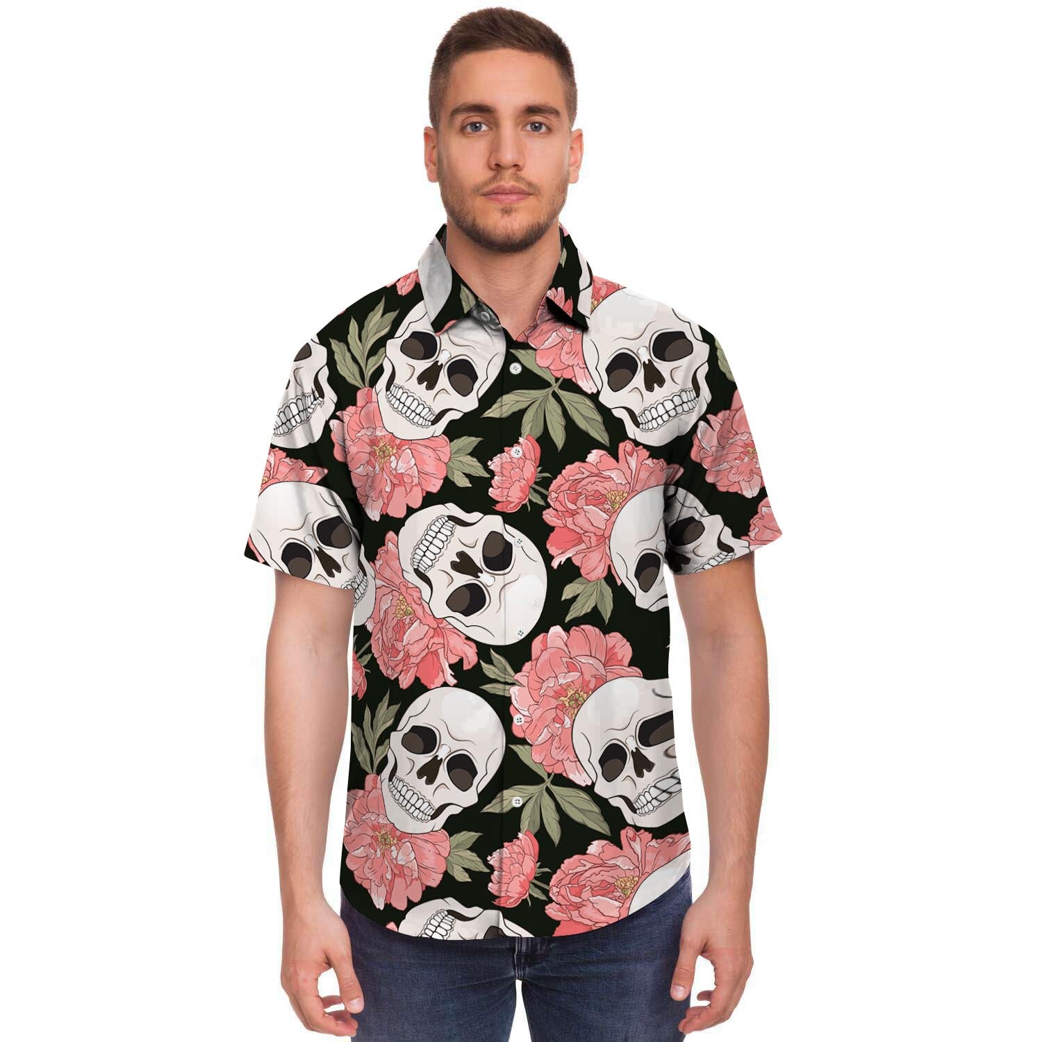 Pink Peony Skull Men's Short Sleeve Shirt-grizzshop