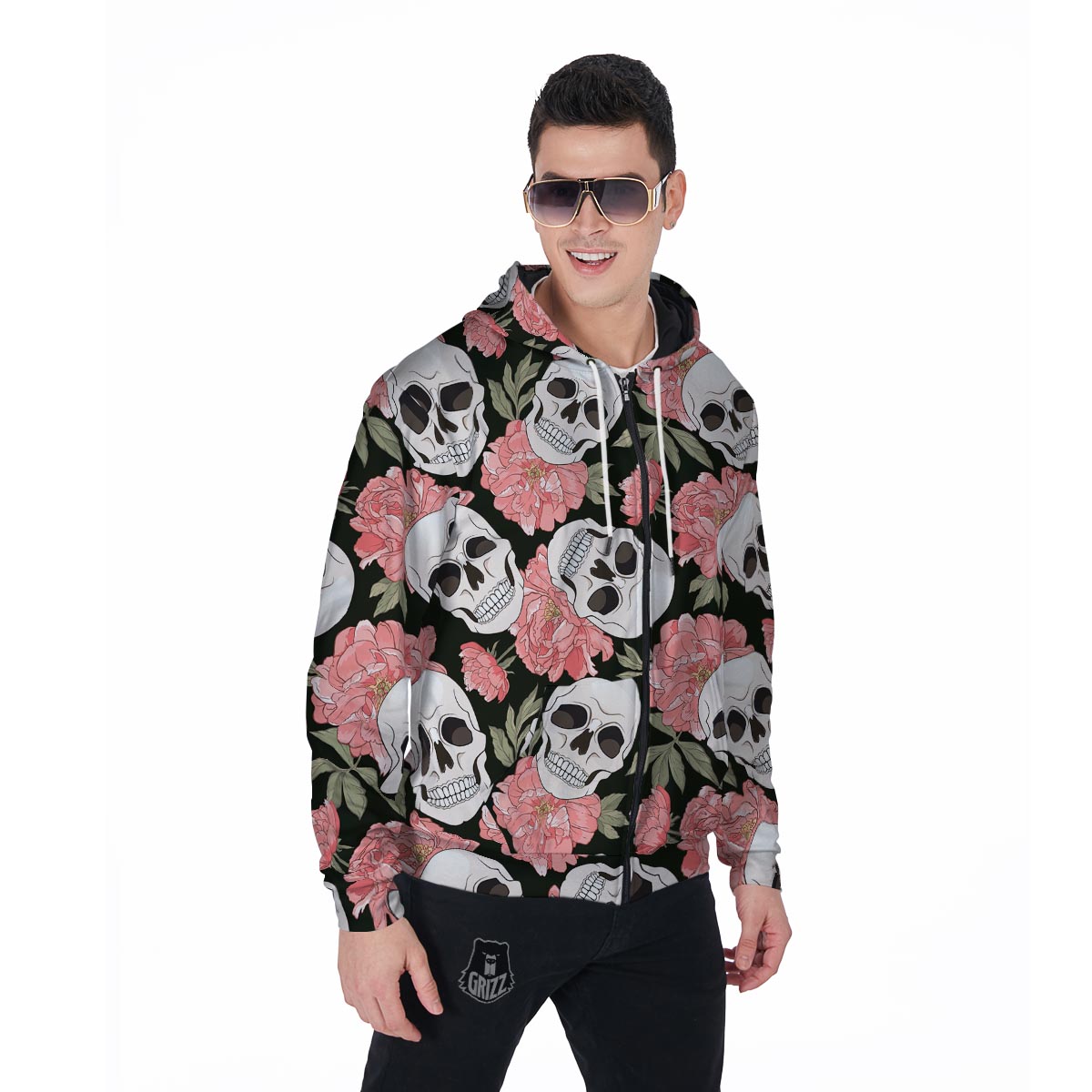 Pink Peony Skull Men's Zip Up Hoodie-grizzshop