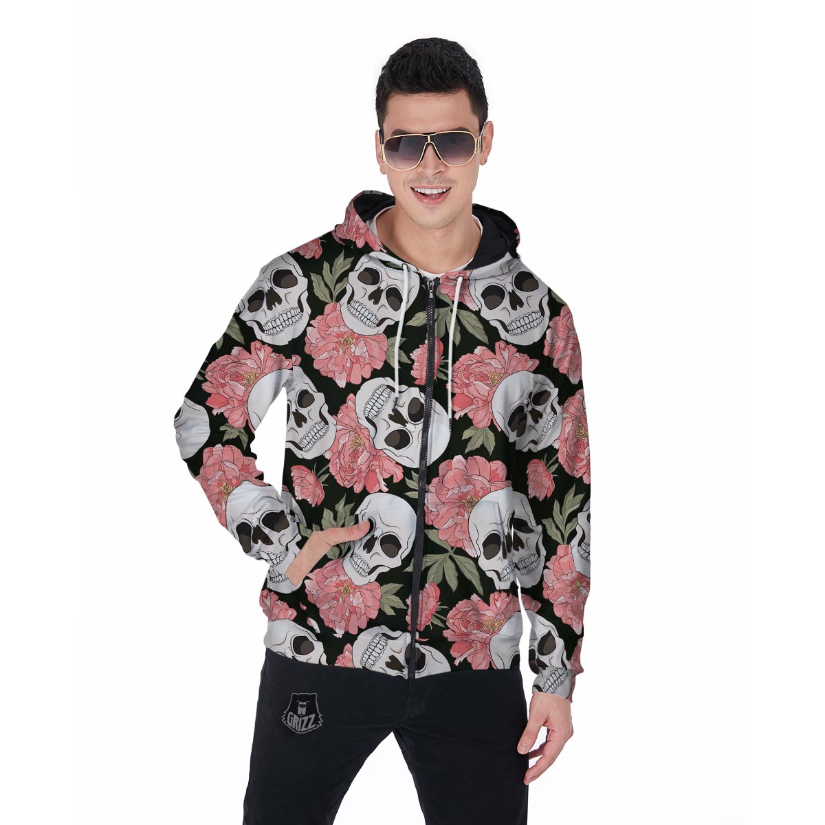 Pink Peony Skull Men's Zip Up Hoodie-grizzshop